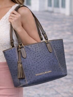 RARE Dooney & Bourke Maxine Tote Ostrich Embossed Leather Soy Blue Zip Tote